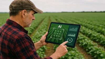 Rolnik korzystający z tabletu na polu